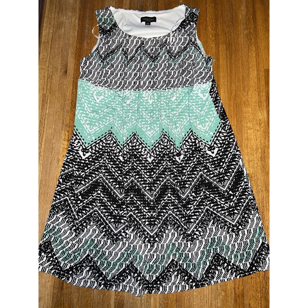 Perceptions Women XL Black Mint Chevron Pleated Loose Fit Sleeveless Shift Dress